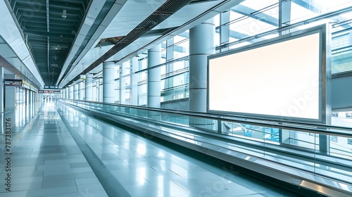 An empty billboard mockup next to a travelator in a modern airport arrival area a white blank poster template indoors of a terminal of public transport building or shopping mall near a : Generative AI