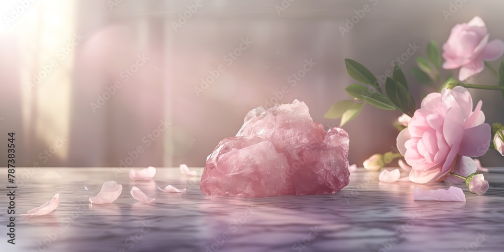 Aesthetic image of a pink quartz crystal surrounded by blooming roses and soft light creating a soothing ambiance - obrazy, fototapety, plakaty 