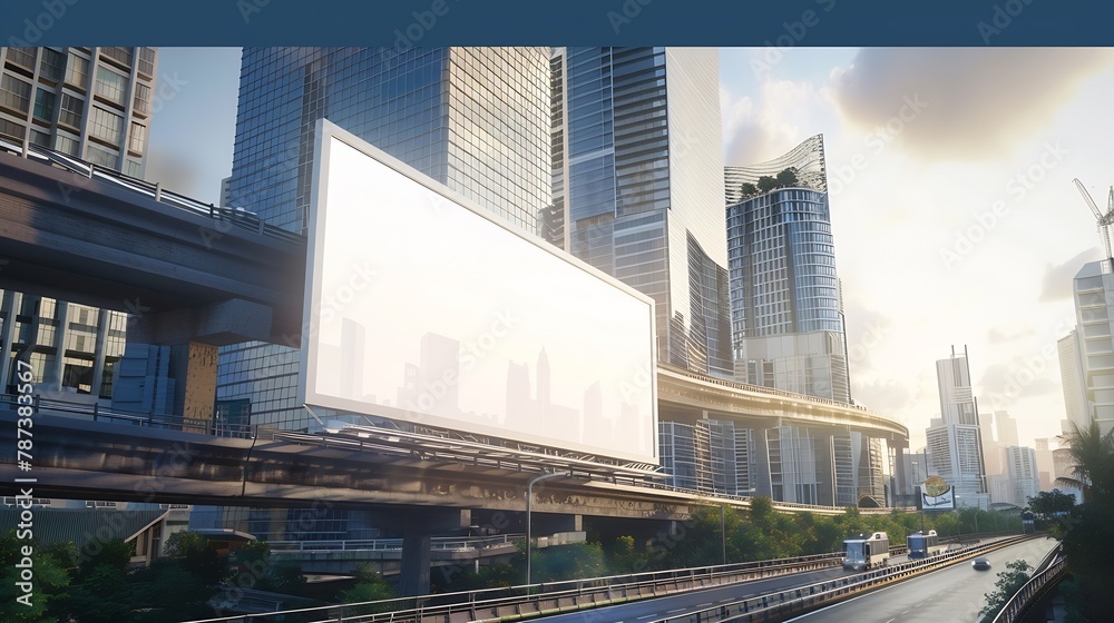 Blank white road billboard with Bangkok cityscape background at day time Street advertising poster mock up 3D rendering Side view The concept of marketing communication to promote or s : Generative AI