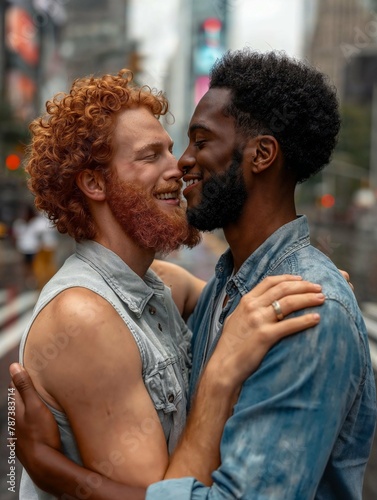 Affectionate gay couple shares a tender moment, embracing on a bustling city street. Joyful moment as couple shares a tender kiss on a bustling city street