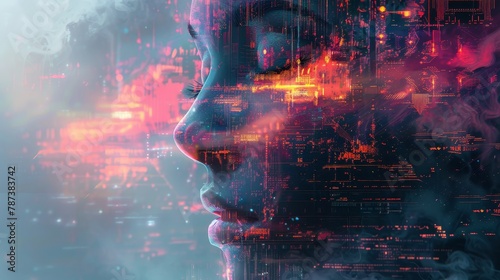 A woman's face is shown in a cityscape with a lot of lights. The image is abstract and surreal, with the woman's face appearing to be made up of the city lights. Scene is dreamy and mysterious
