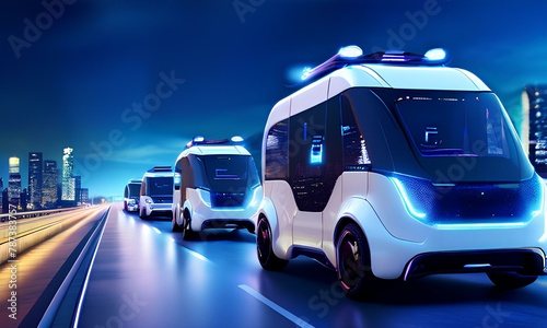 futuristic robotaxi or van trucks fleet on highway with full self driving system activated for transportation autonomy concepts as wide banner with copy space area.