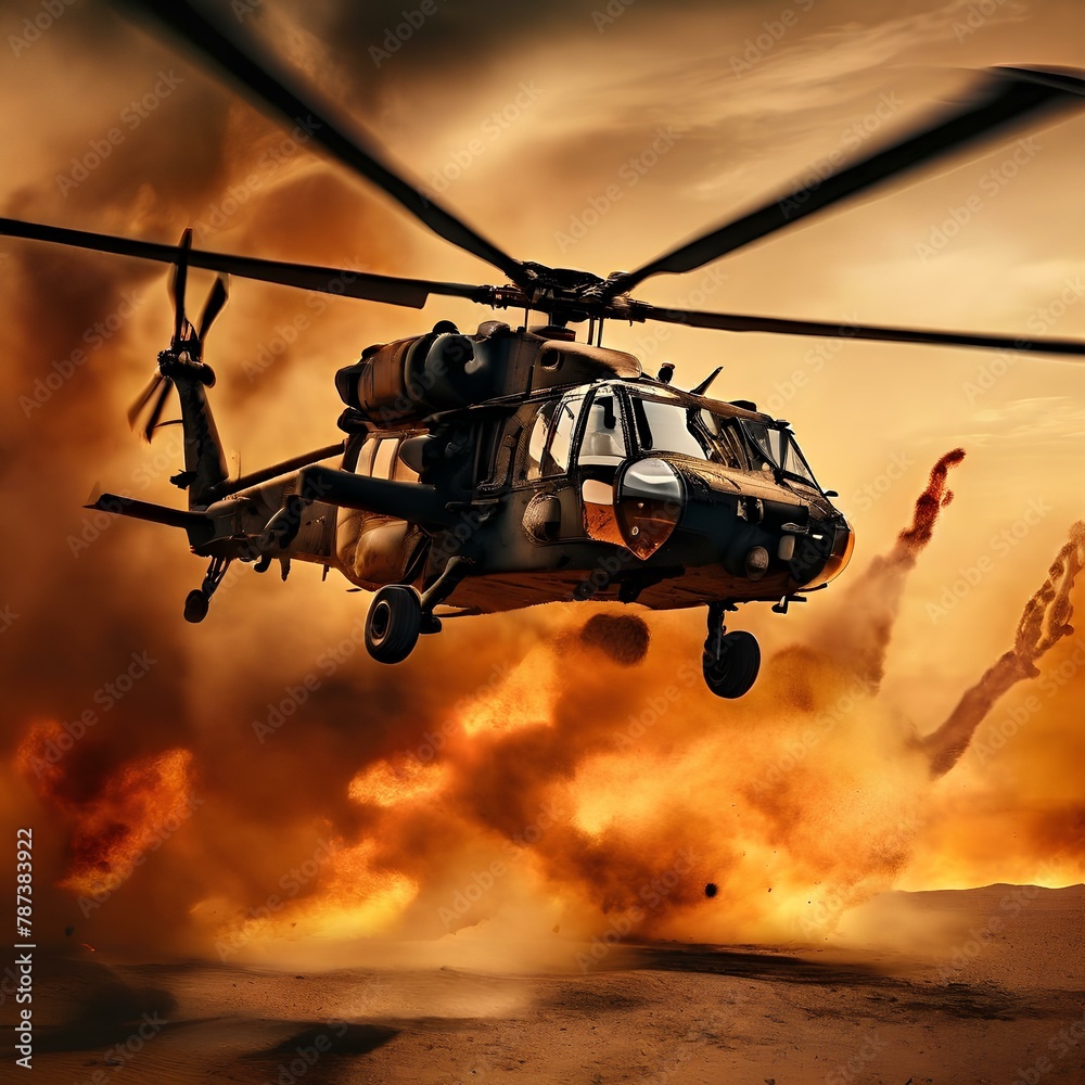military chopper crosses crosses fire and smoke in the desert, wide poster design with copy space area. military chopper crosses crosses fire and smoke in the desert, wide poster design with copy space area.