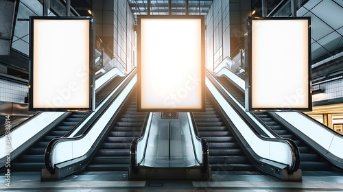 Blank poster mockup in metro station Three big vertical  portrait orientation blank poster with metro escalator background : Generative AI photo