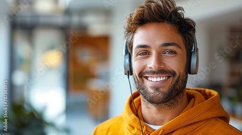 smiling man wearing hoodie, wearing headset on white background. photo