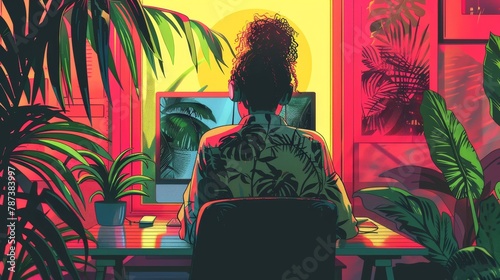 A woman is sitting at a desk in front of a computer monitor. The room is decorated with plants and has a tropical theme. The woman is wearing a Hawaiian shirt and she is working on her computer