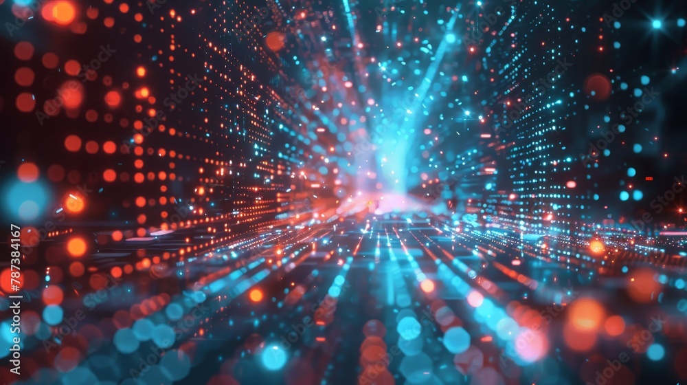 Naklejka premium A computer generated image of a cityscape with a blue and red light show. The image is full of bright, colorful lights that create a sense of movement and energy