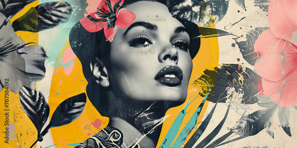 Obraz premium Stylized Portrait of Woman with Floral and Abstract Elements