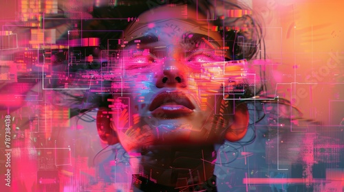 Wallpaper Mural A woman's face is shown in a blurry, pixelated image with a pinkish hue. The image is abstract and has a futuristic feel to it Torontodigital.ca