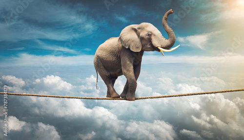 Elephant balancing on tightrope - Life balance  stability  concentration  risk  equilibrium concept 