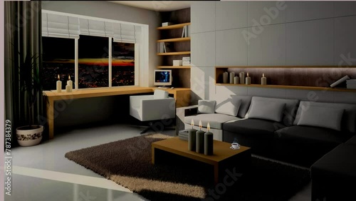 Interior of living room with green houseplants and sofas cozy room with sofa ,candle light and  on front evening windows ,urban city life modern design