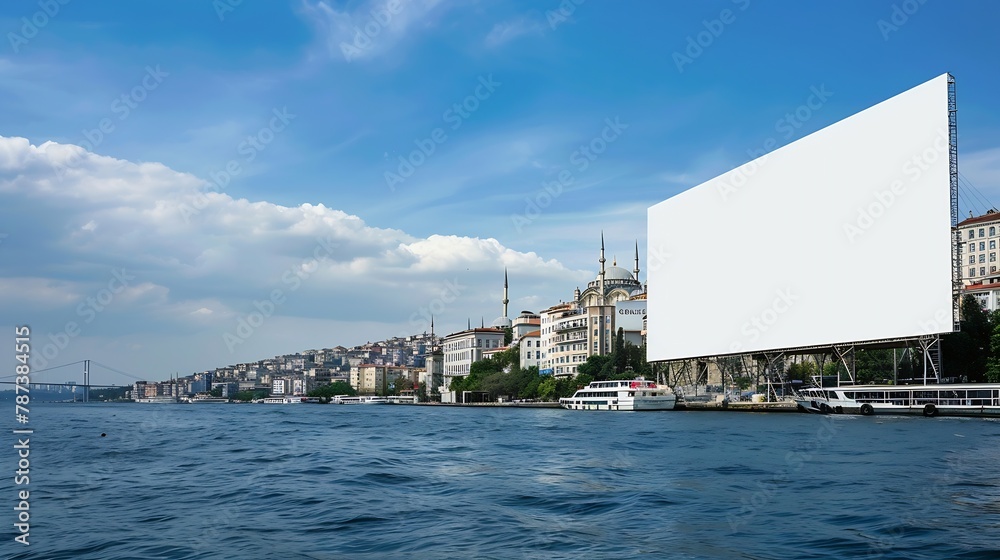 Blank White Billboard and Bosphorus River Blue Sky : Generative AI