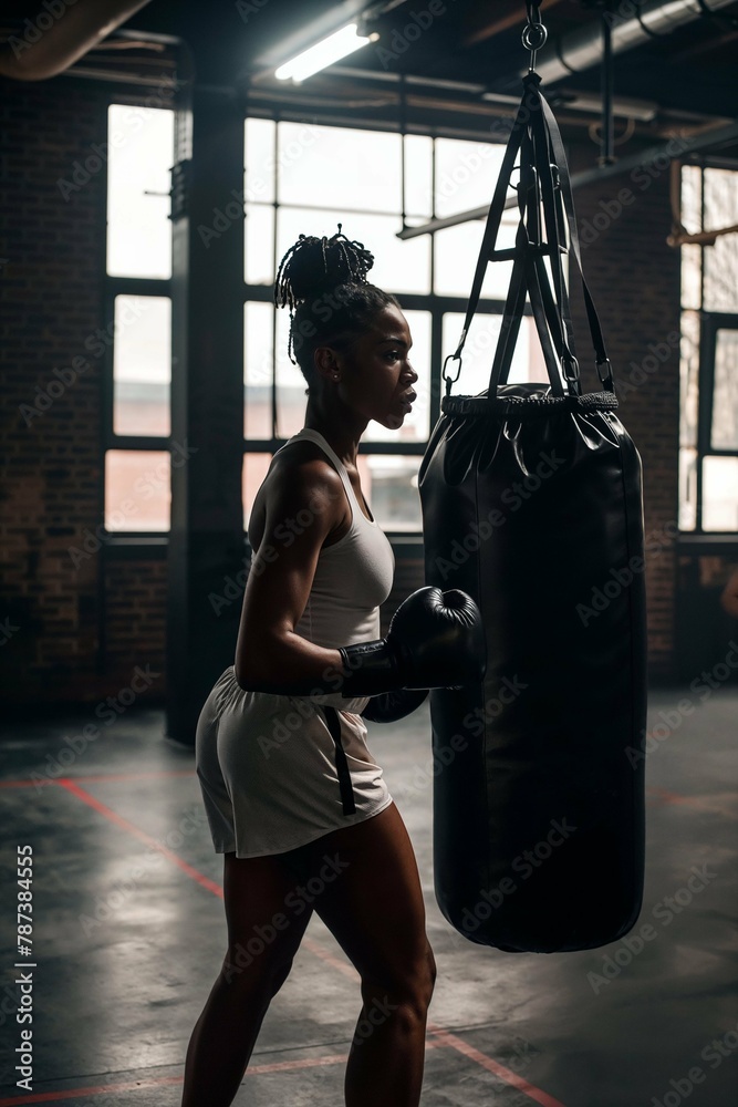 Female boxer training with heavy bag. Determined female athlete practicing punches on a heavy bag in a gym setting