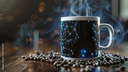 Interactive Touch Mug A hightech mug with a touchsensitive surface that changes color based on the heat of the beverage The mug is encircled by coffee beans. photo