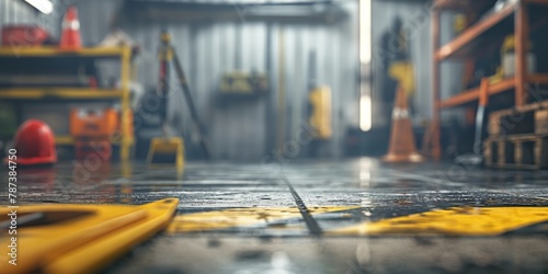 An enigmatic shot focusing on oily, worn garage floor with blurred background of a workshop setting photo