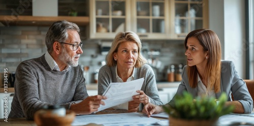 Mature couple consults with financial advisor at home. Older couple attentively discusses financial plans with a female advisor at their kitchen table photo
