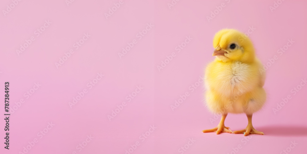 Little cute chick isolated on pink background, copy space
