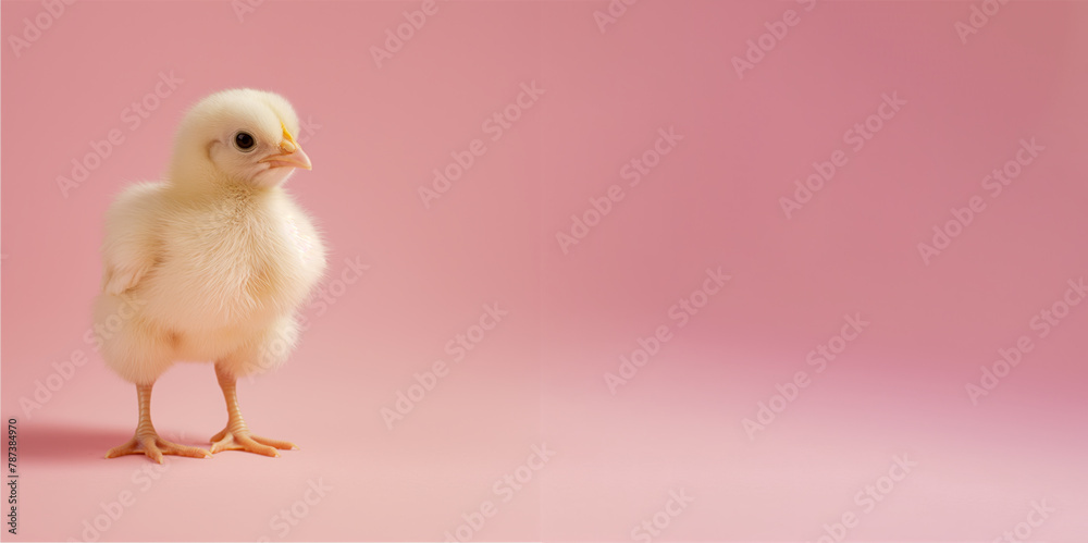 Little cute chick isolated on pink background, copy space