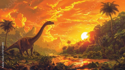 A dinosaur is walking through a jungle with a sunset in the background. The scene is peaceful and serene, with the dinosaur being the only living creature in the area