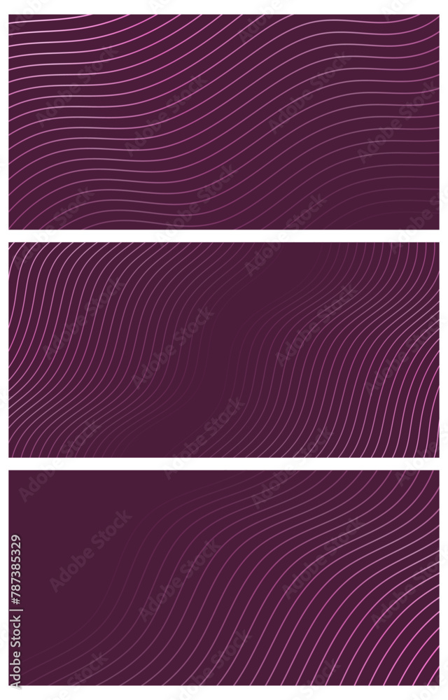 Set of abstract backgrounds with waves for banner. Medium banner size. Vector background with lines. Element for design. Brochure, booklet. Purple, dark pink