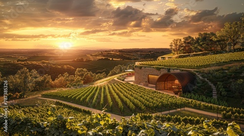 A beautiful sunset over a vineyard with a large house in the distance