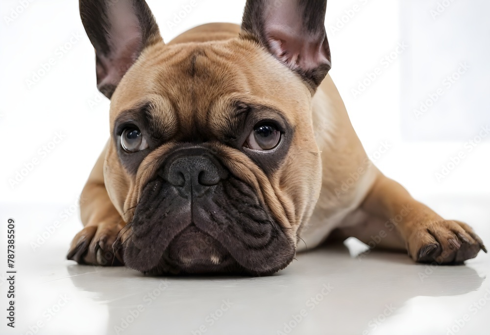 Close-up of a French Bulldog with a fawn coat lying down on a white floor