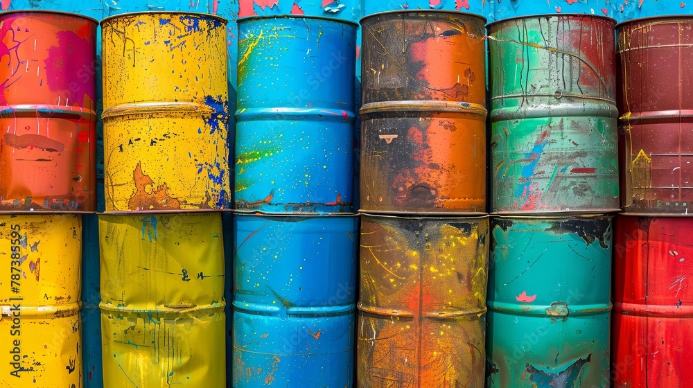 Vibrant stack of colorful industrial barrels Vibrant stack of colorful industrial barrels
