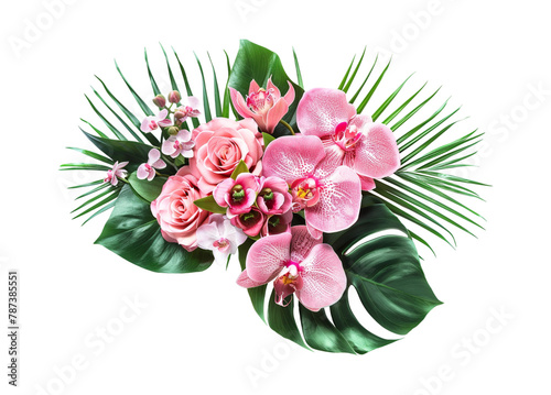 Bouquet of pink and white orchids with leaf isolated on transparent background  PNG  cut out