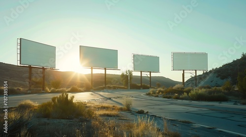 Empty white horizontal billboards at the roadside for mock up Asphalt road blank four billboards sun lights and lens flare : Generative AI