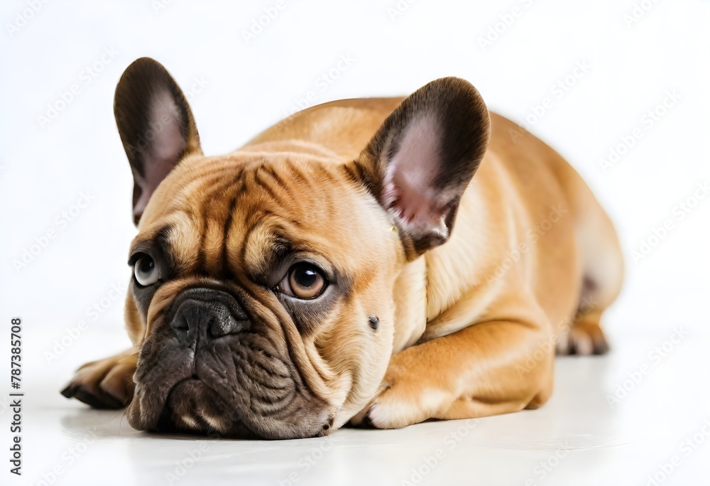 Close-up of a French Bulldog with a fawn coat lying down on a white floor