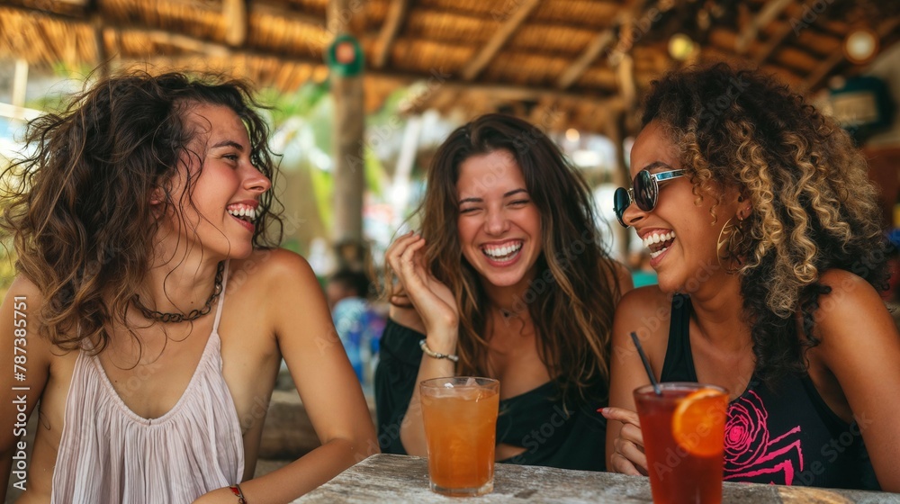 Joyful girlfriends enjoying drinks at beach bar. Three diverse friends laughing and sharing a fun moment while drinking cocktails at a coastal bar Joyful girlfriends enjoying drinks at beach bar. Three diverse friends laughing and sharing a fun moment while drinking cocktails at a coastal bar
