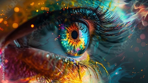 Vibrant digital art of a colorful eye with abstract elements