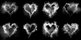 Set of Realistic White Smoke steam in the shape of Heart. Hot steam over cup on dark background. White cigarette smoke wave. Series of heart fume on tea, coffee, hot drink, hot food Mockup