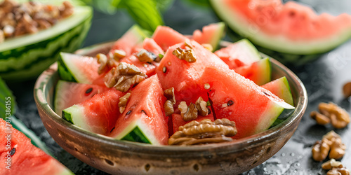 Watermelon salad in a bowl with mint leaves on the side