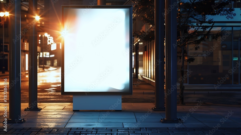 Blank white mock up of vertical billboard in a bus stop : Generative AI