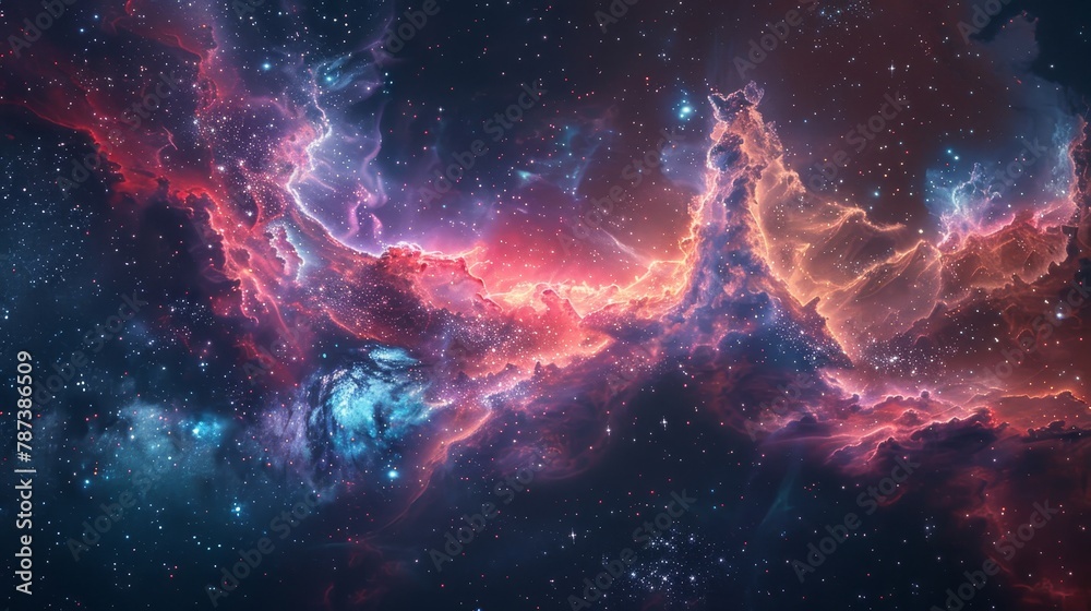 Obraz premium A colorful galaxy with a red cloud in the middle. The stars are scattered throughout the sky. The colors are vibrant and the scene is peaceful