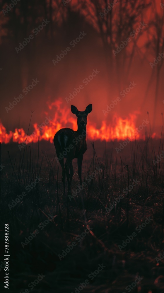 silhouette of a wild animal away from flames in a meadow during the twilight hours
silhouette of a wild animal away from flames in a meadow during the twilight hours