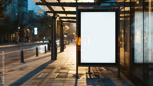 bus shelter at busstop blank white lightbox empty billboard and ad placeholder glass and aluminum structure transit station urban setting city street background stone sidewalk base for : Generative AI photo