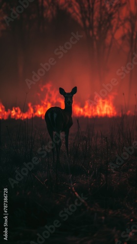 silhouette of a wild animal away from flames in a meadow during the twilight hours   © cff999