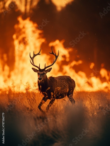 silhouette of a wild animal away from flames in a meadow during the twilight hours  