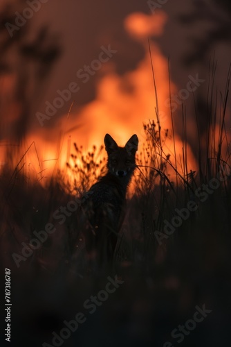 silhouette of a wild animal away from flames in a meadow during the twilight hours 