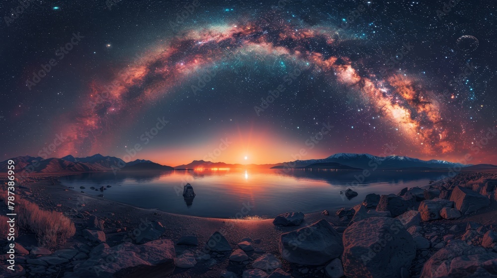 A beautiful night sky with a large, colorful arc of stars and a bright sun in the middle