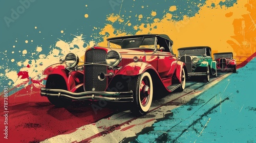 A vintage car is driving down a road with other vintage cars behind it. The scene is colorful and vibrant, with a mix of red, blue, and yellow hues. Scene is nostalgic and classic