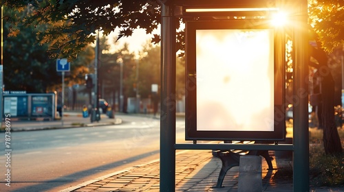 Photo empty lightbox on the bus stop Horizontal mockup sunlight : Generative AI
