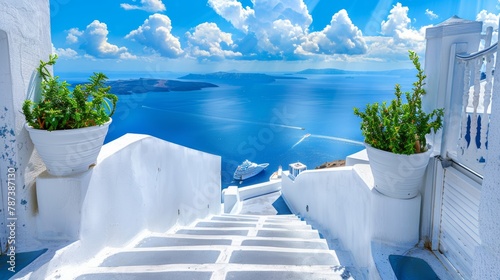 Stunning santorini island daytime panorama featuring fira and oia towns in greece photo