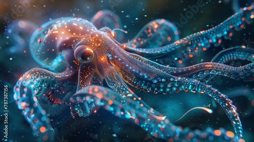 A colorful octopus with glowing eyes is the main focus of this image. The octopus is surrounded by a blue and purple background, which gives the impression of a deep sea scene photo