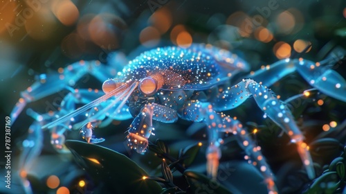 A blue and orange crab with glowing eyes. The image has a surreal and dreamlike quality to it, with the bright colors and glowing eyes creating a sense of wonder and fascination