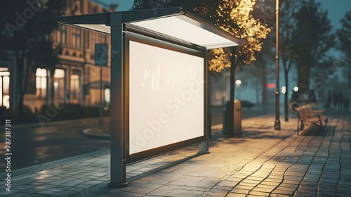bus shelter at busstop blank white lightbox empty billboard bus shelter ad glass and aluminum structure transit station urban setting city street background stone sidewalk base for moc : Generative AI photo