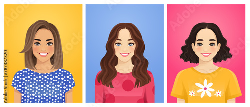 Portraits of casual women with different hairstyles and outfits isolated vector illustration