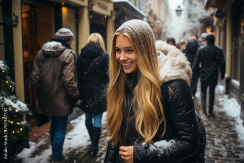 Portrait of a beautiful young blonde woman with long hair in a winter city